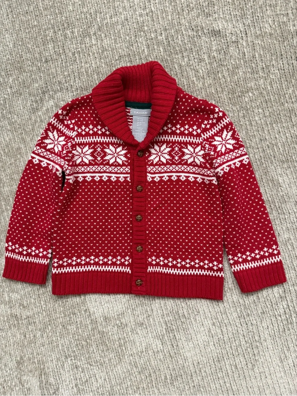 Tahari Baby Fair Isle Cardigan 24M Red White Snowflake Shawl Collar